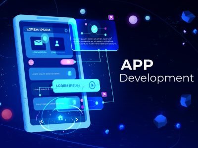 App development banner, adaptive layout application web interface on smartphone touch screen, user software API prototyping, testing, neon glowing background. Cartoon vector illustration, landing page